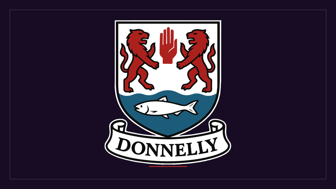The Donnelly coat of arms: two red lions supporting the Red Hand of Ulster above a salmon