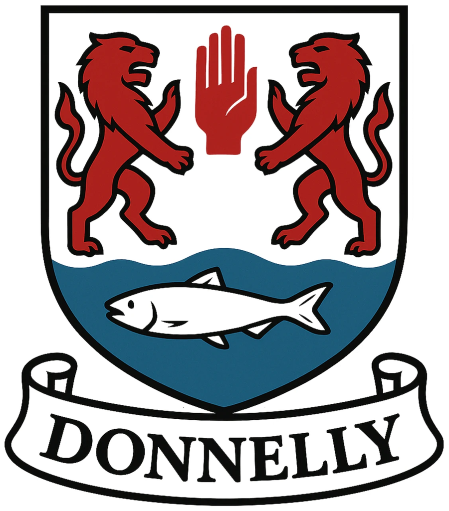 The Donnelly coat of arms: two red lions supporting the Red Hand of Ulster above a salmon